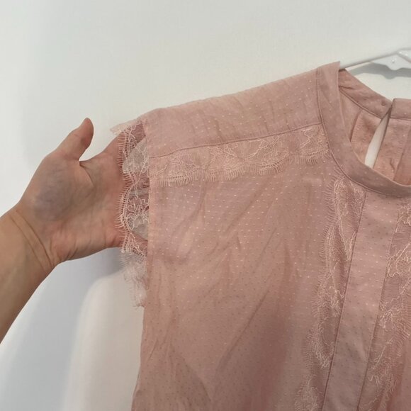 EXPRESS Light Baby Pink Textured Swiss Dot Lace Trim High Neck Coquette Blouse S - Picture 6 of 11